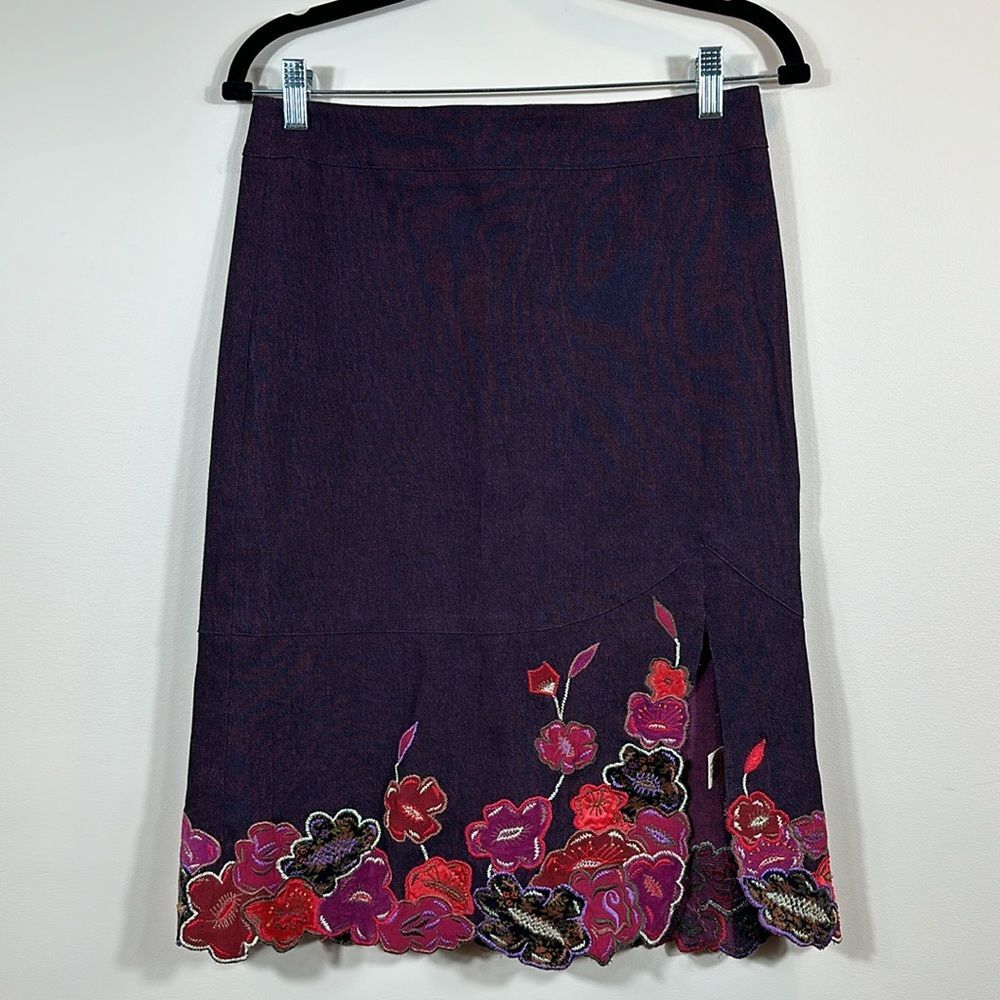 Nanette Lepore Knee Length Purple Embroidered Slit Flower Skirt Women Size 4